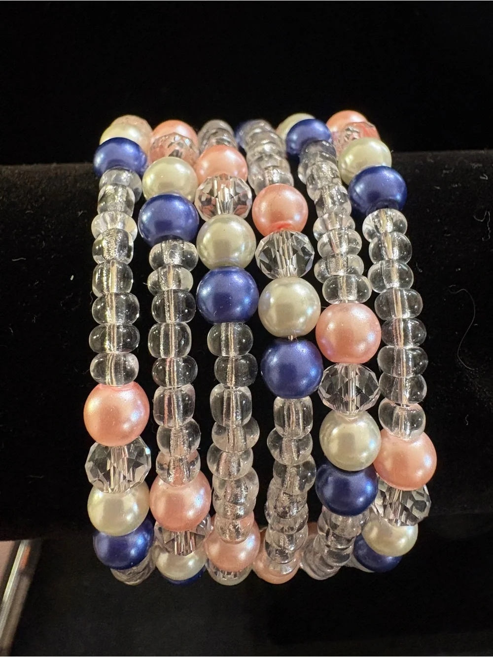 Pearl Bead Multi-Strand Necklace & Bracelet Set in Blue, Pink, Ivory